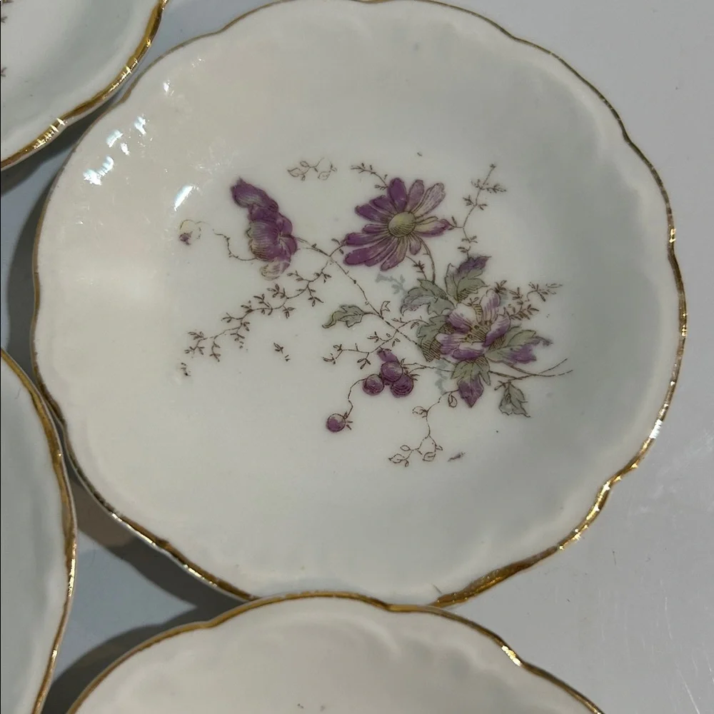Antique L.S.&S. Carlsbad Austria Hand Painted Floral Plates Set  7 Gold Trim 3.5